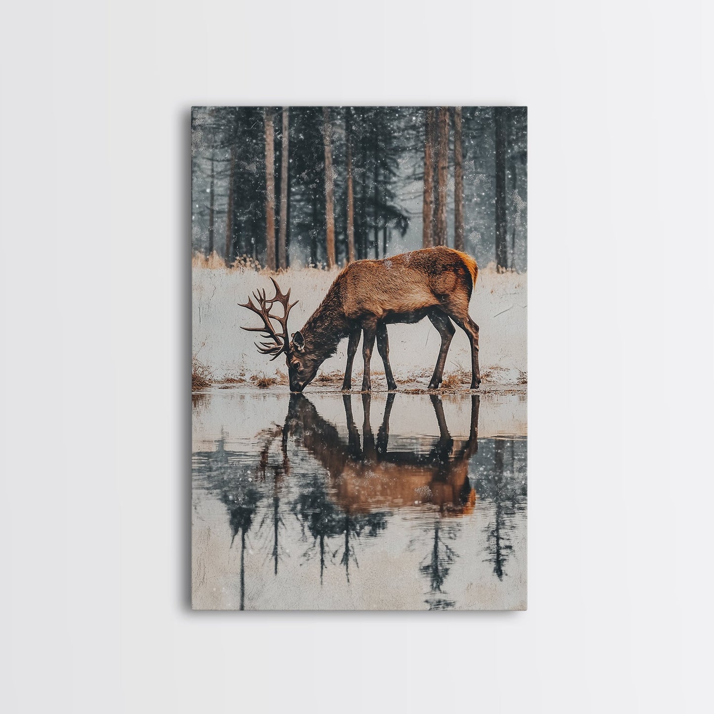 Snowfall at the Water’s Edge – Winter Woodland Deer Wall Art