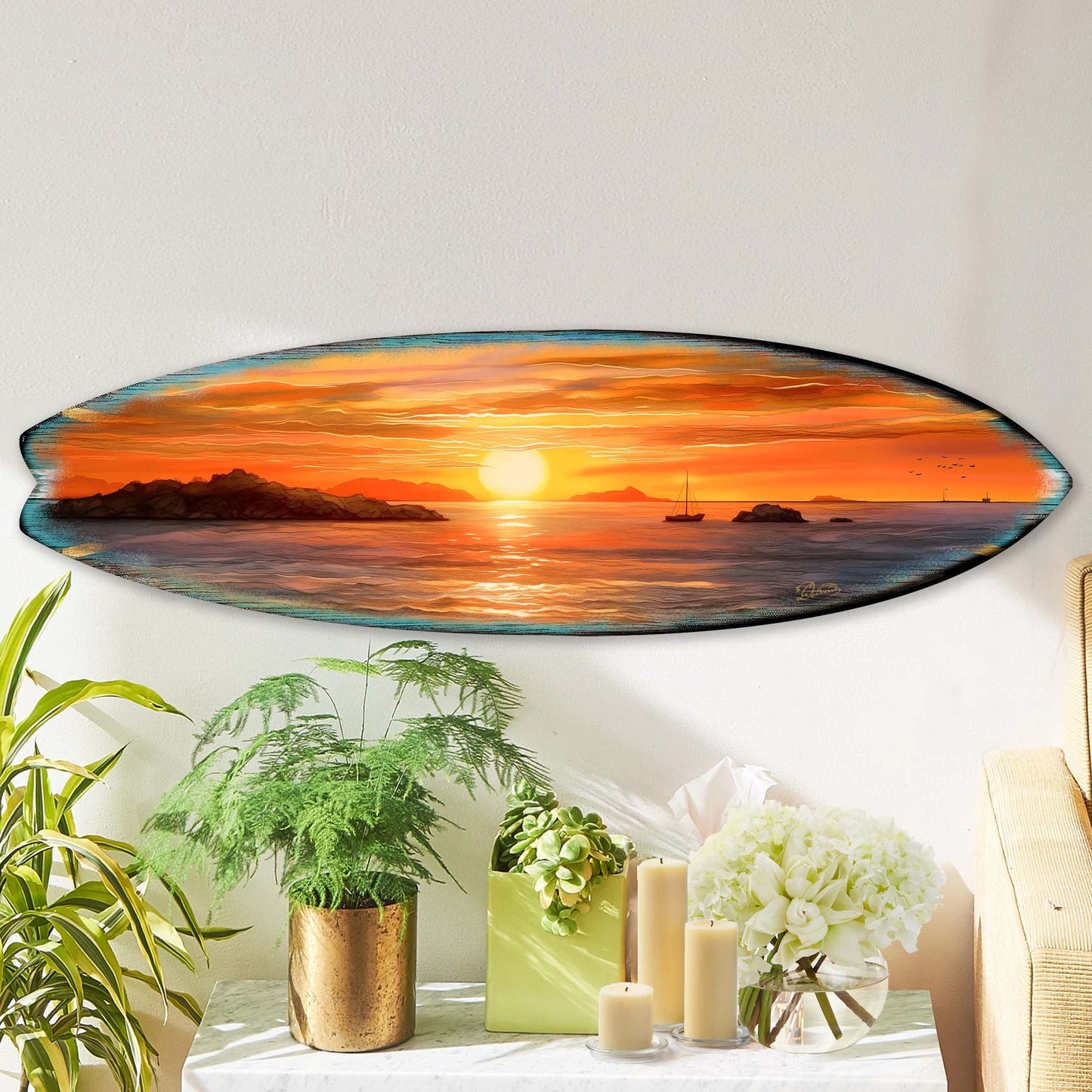 Sunset Voyage – Coastal Surfboard Wooden Wall Art