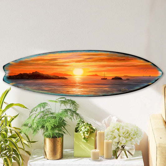 Sunset Voyage – Coastal Surfboard Wooden Wall Art
