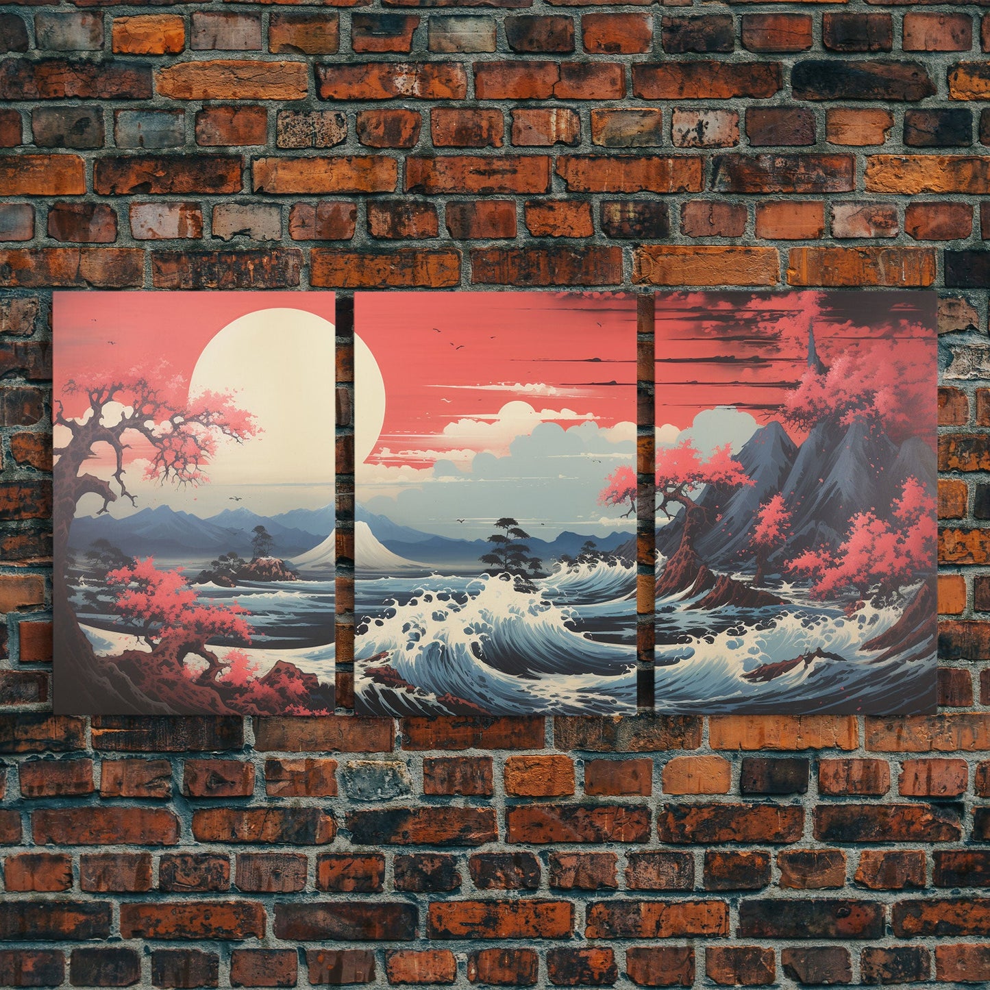 Crimson Wave Horizon – Japandi Seascape Triptych Wall Art