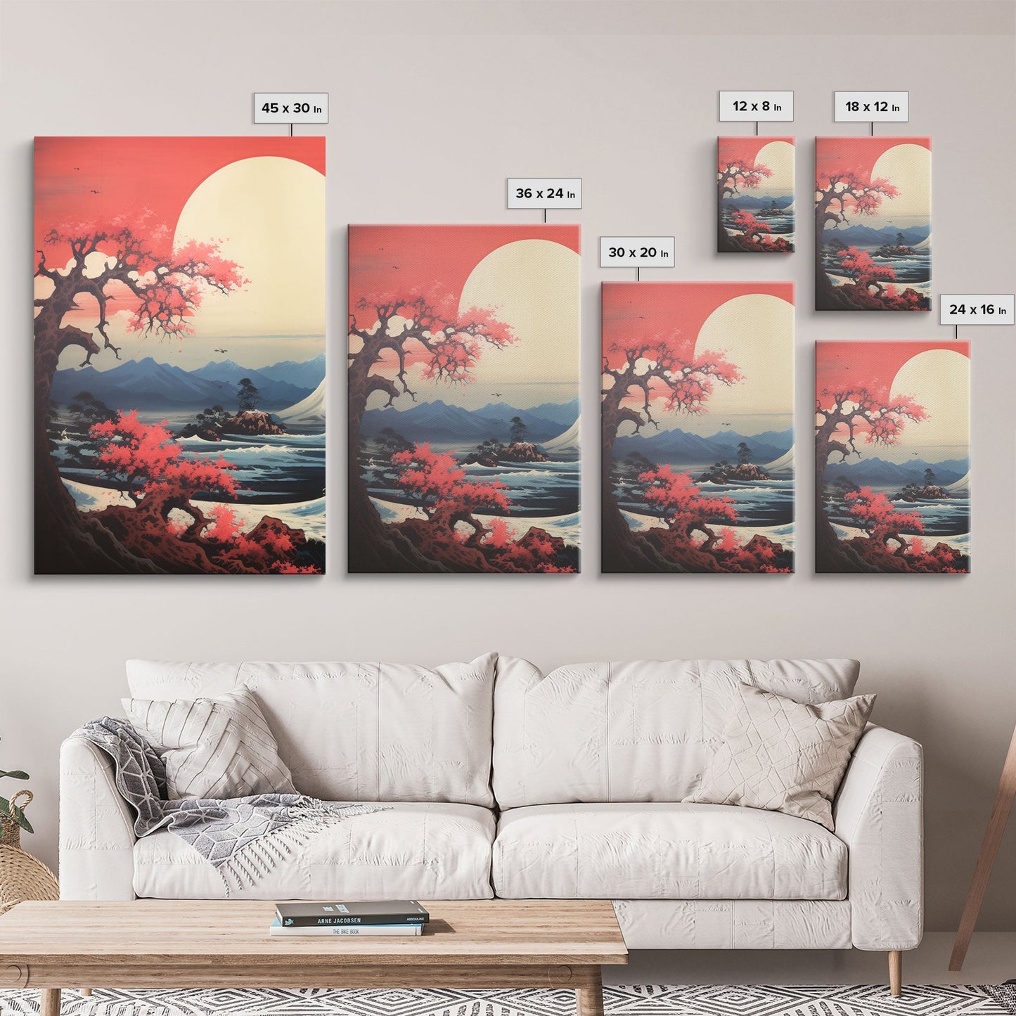 Crimson Wave Horizon – Japandi Seascape Triptych Wall Art