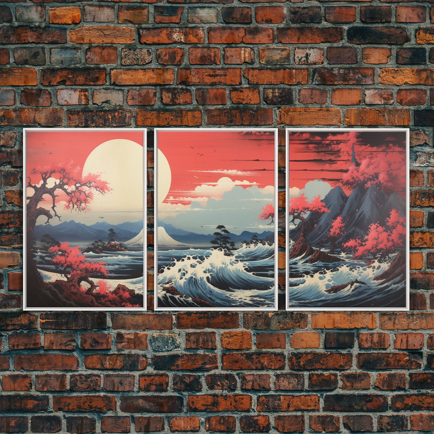 Crimson Wave Horizon – Japandi Seascape Triptych Wall Art