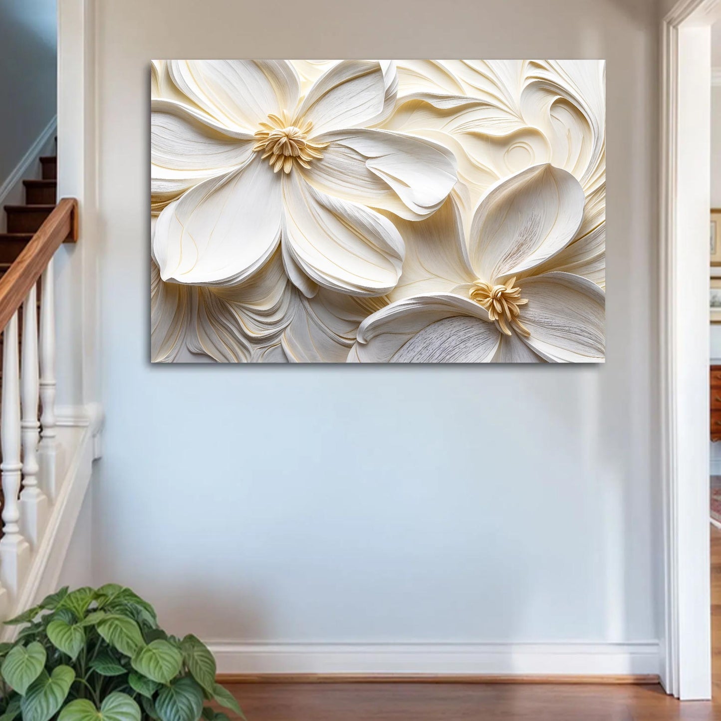 3D Minimalist Flower Wall Art II — Textured Neutral Botanical Canvas Wall Art