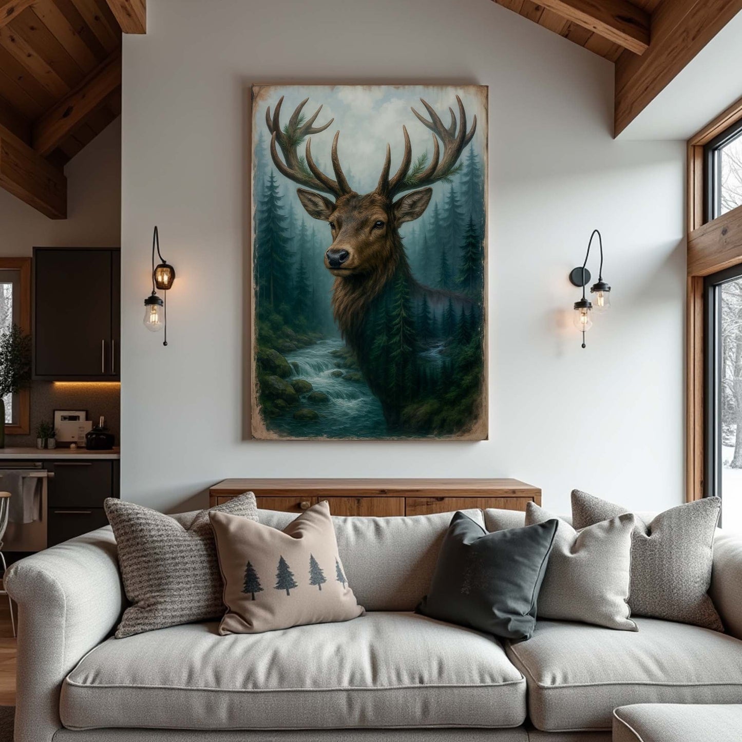 Misty Stag Reverie – Double Exposure Forest Wall Art