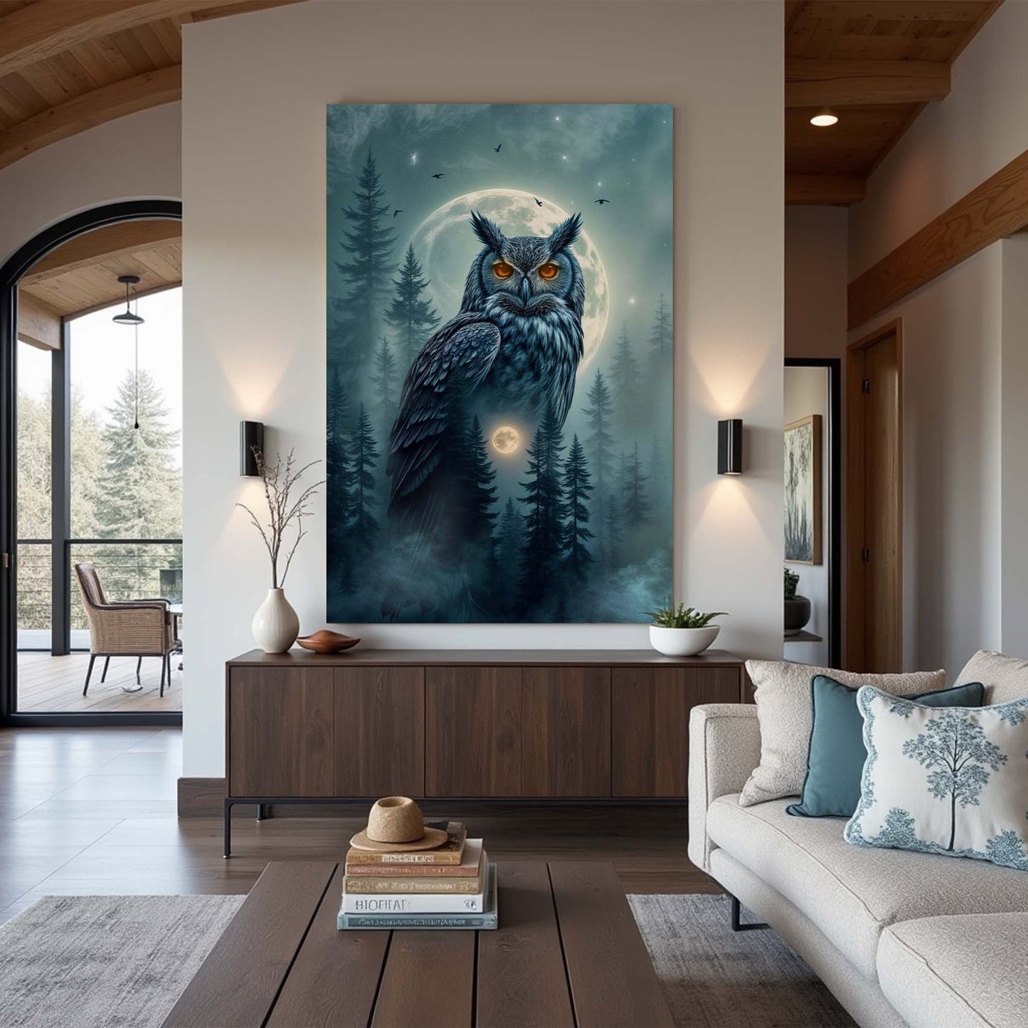 Moonlit Forest Sentinel – Owl Double Exposure Wall Art II