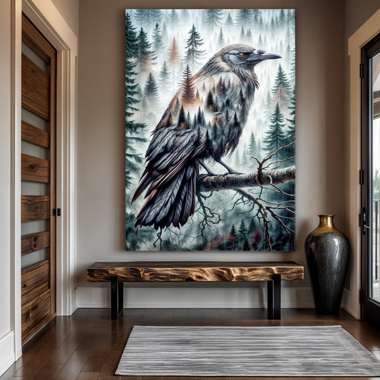 Whispers of the Midnight Pines – Crow Double Exposure Wall Art