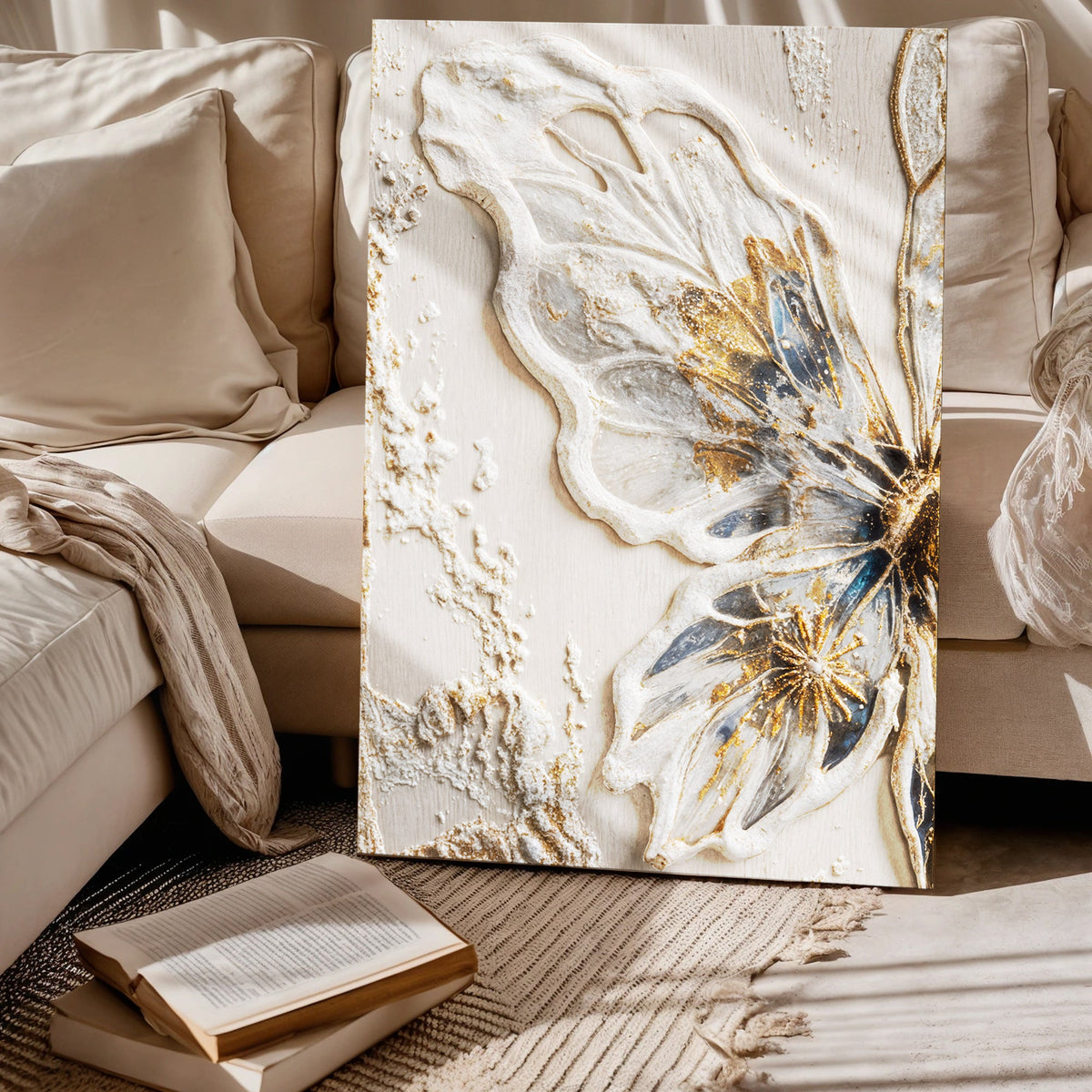 Golden Wings, Butterfly Canvas Wall Art, Elegant Neutral Home Decor