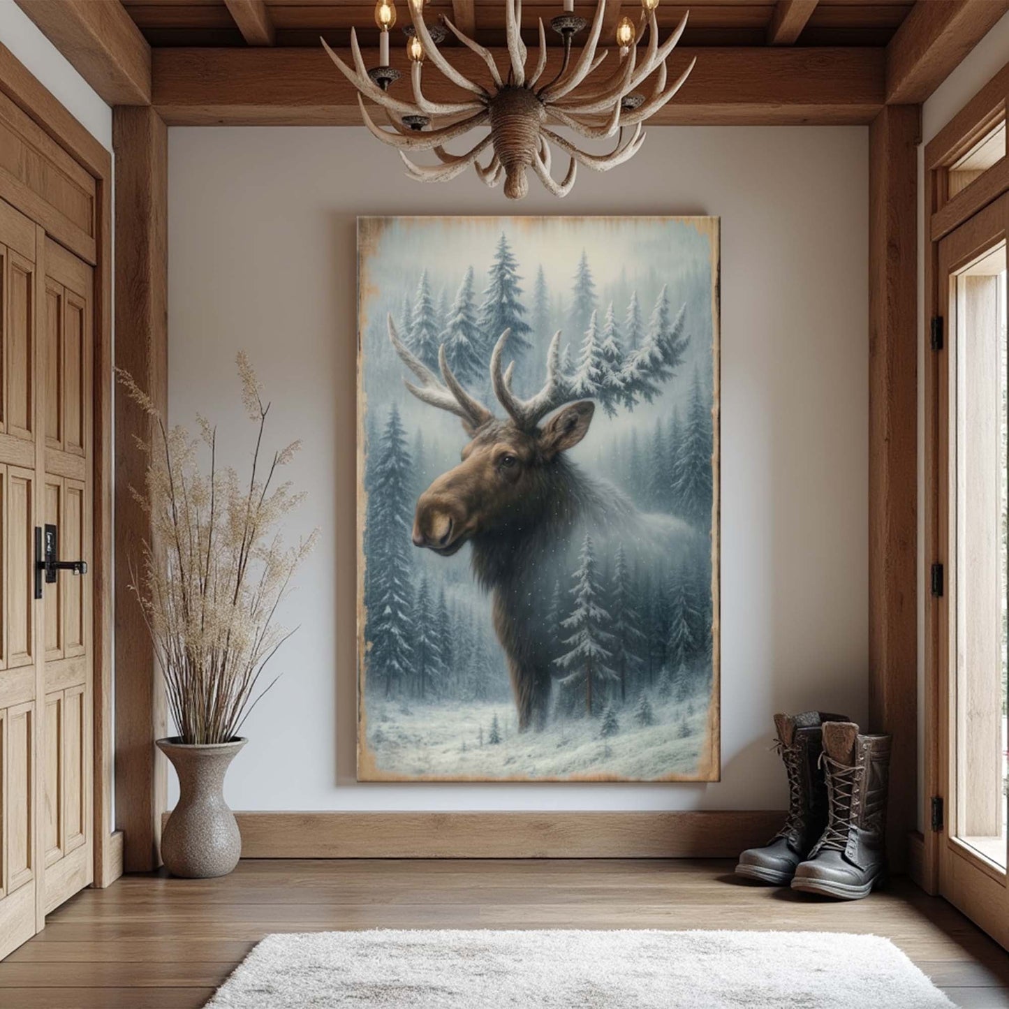 Winter Moose in the Pines – Rustic Woodland Snowfall Wall Art