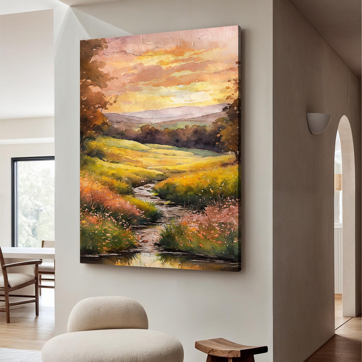 Golden Meadow Stream, River Canvas Wall Art, Nature-Inspired Landscape Decor