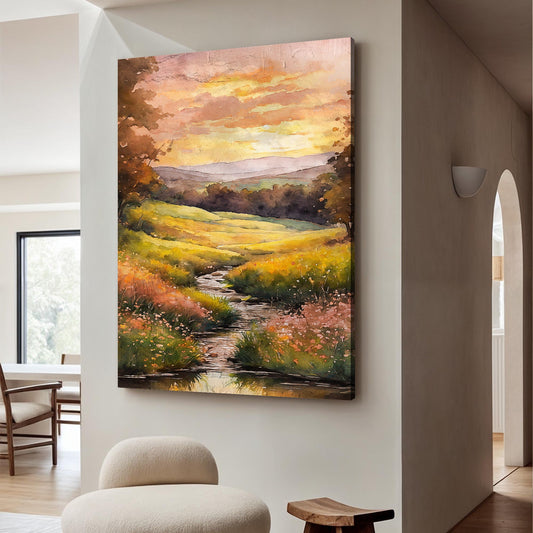 Golden Meadow Stream, River Canvas Wall Art, Nature-Inspired Landscape Decor