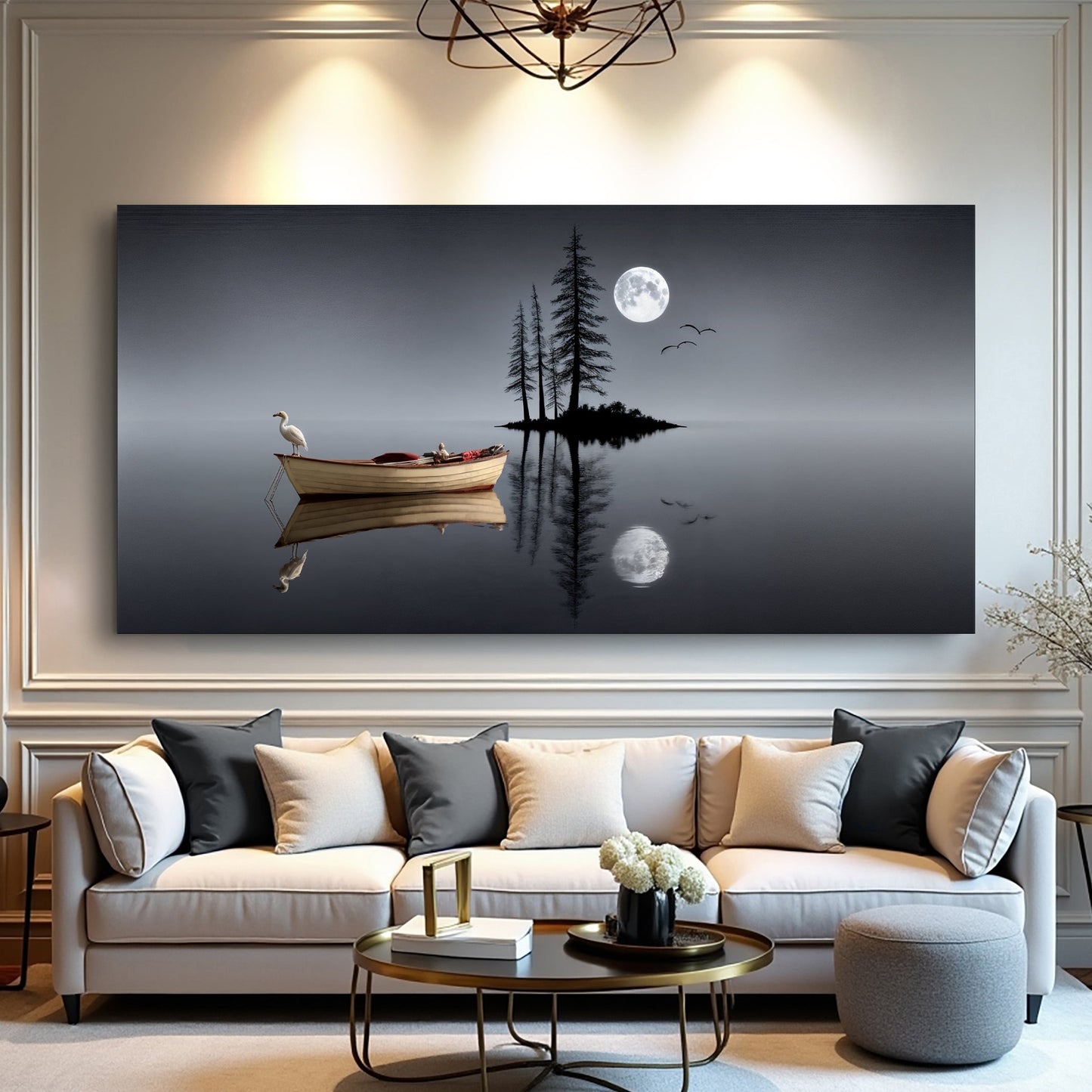 Moonlit Stillwater – Modern Minimalist Night Lake Wall Art