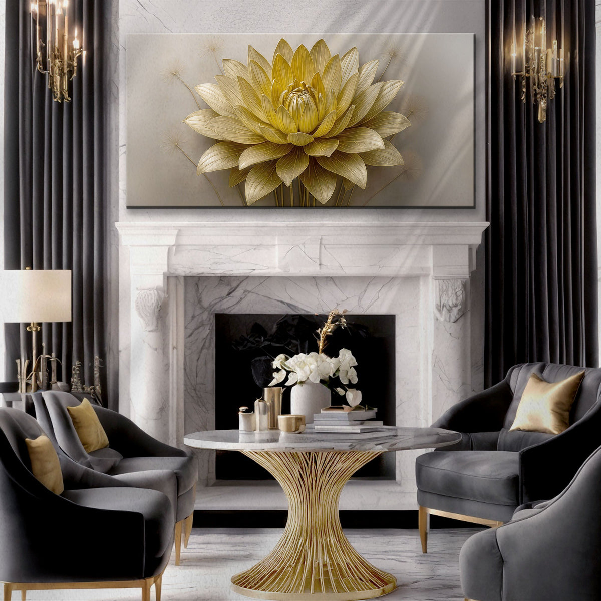 Golden Lotus Bloom, Lotus Canvas Wall Art, Elegant Modern Botanical Decor