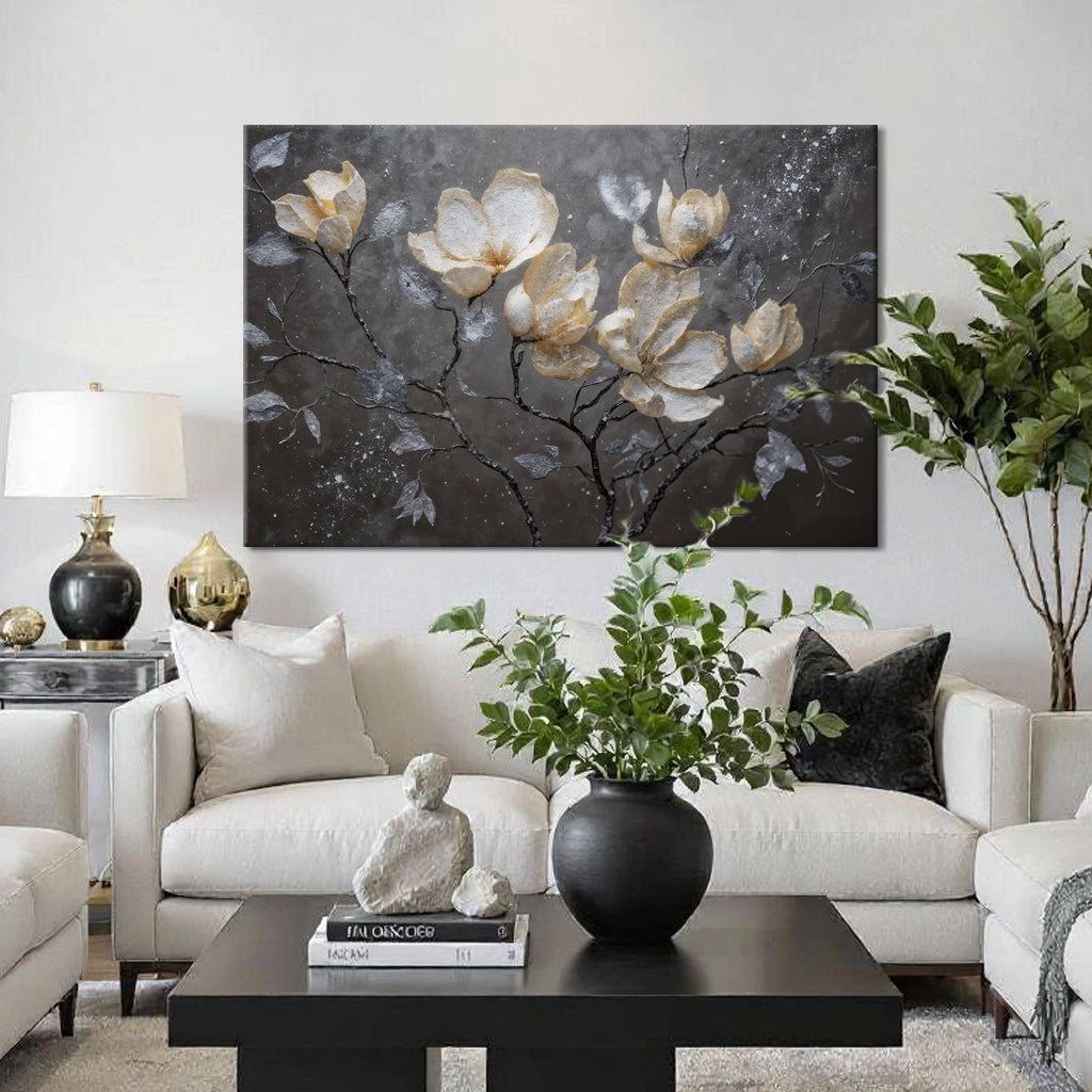 Midnight Magnolias – Textured Metallic Floral Wall Art