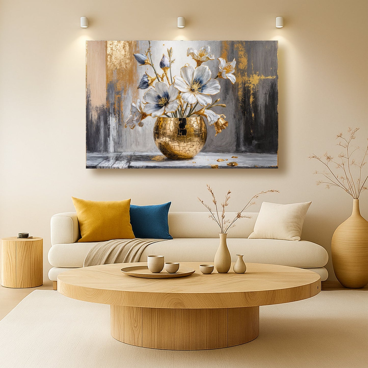 Magnolia Bloom in Gold — Neutral Modern Botanical Wall Art