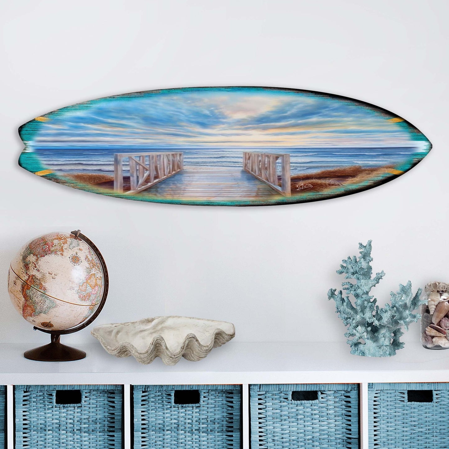 Wooden Pier Surfboard – Handcrafted Coastal Wall Art