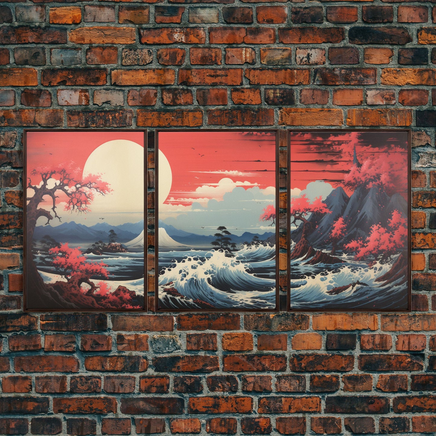 Crimson Wave Horizon – Japandi Seascape Triptych Wall Art