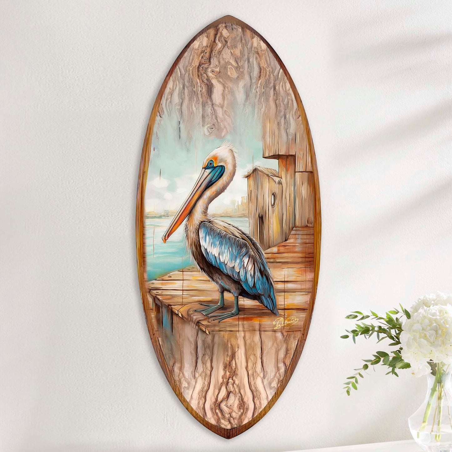 Pelican Surfboard – Handcrafted Wooden Coastal Wall Art