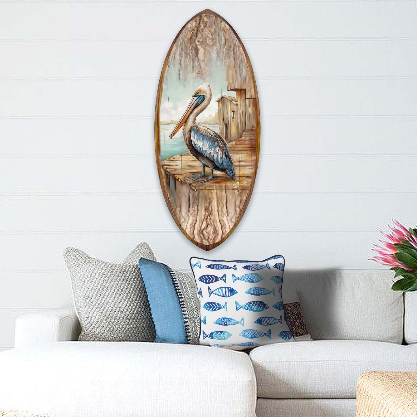 Pelican Surfboard – Handcrafted Wooden Coastal Wall Art