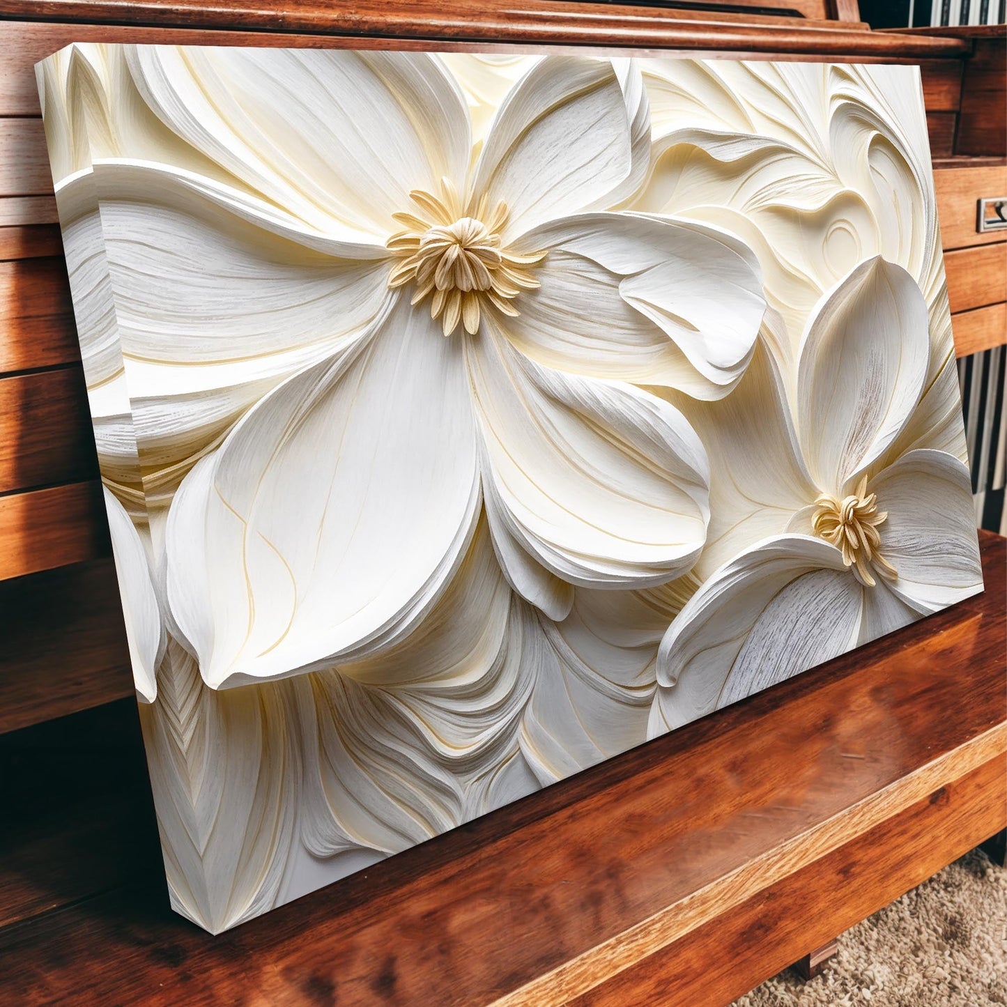 3D Minimalist Flower Wall Art II — Textured Neutral Botanical Canvas Wall Art