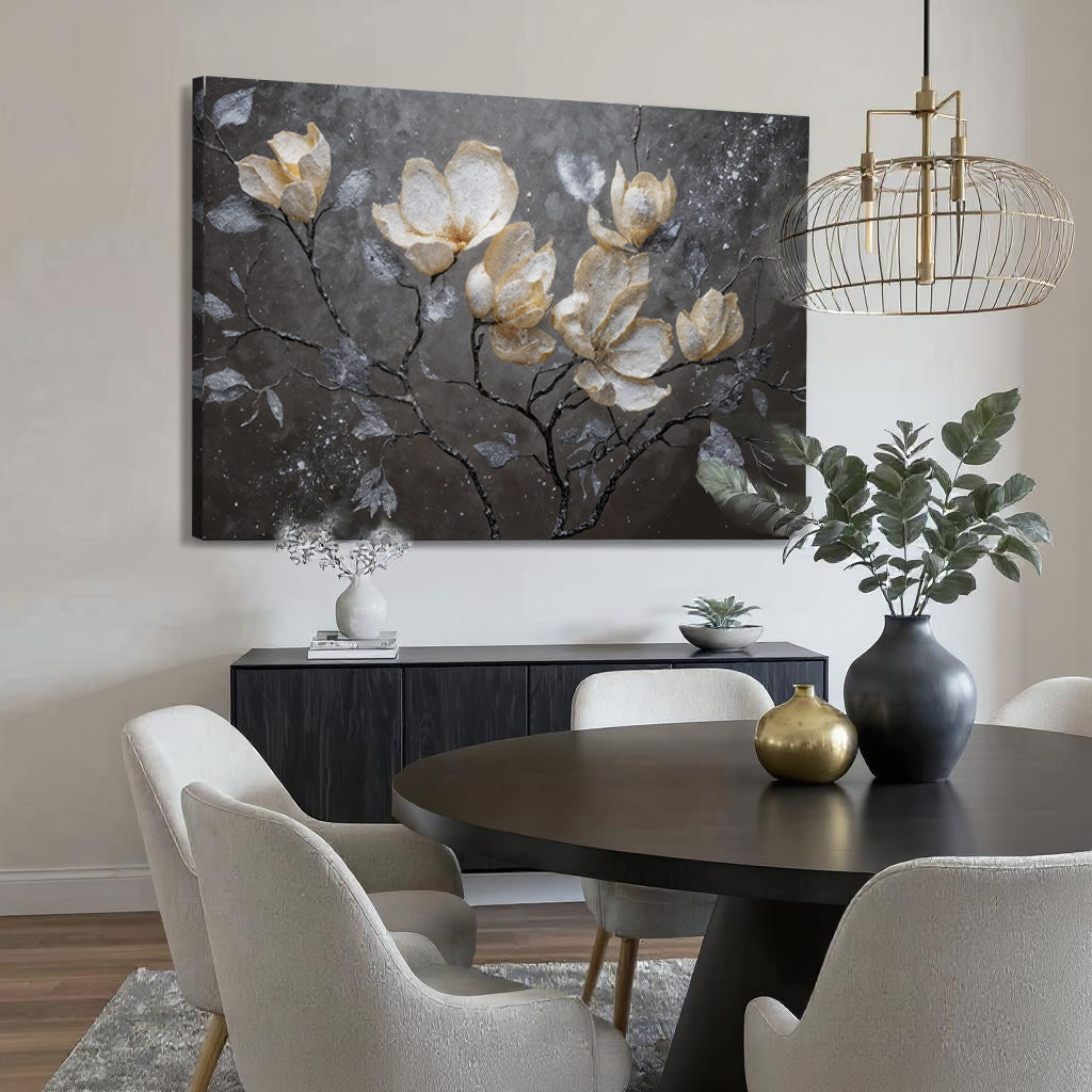 Midnight Magnolias – Textured Metallic Floral Wall Art