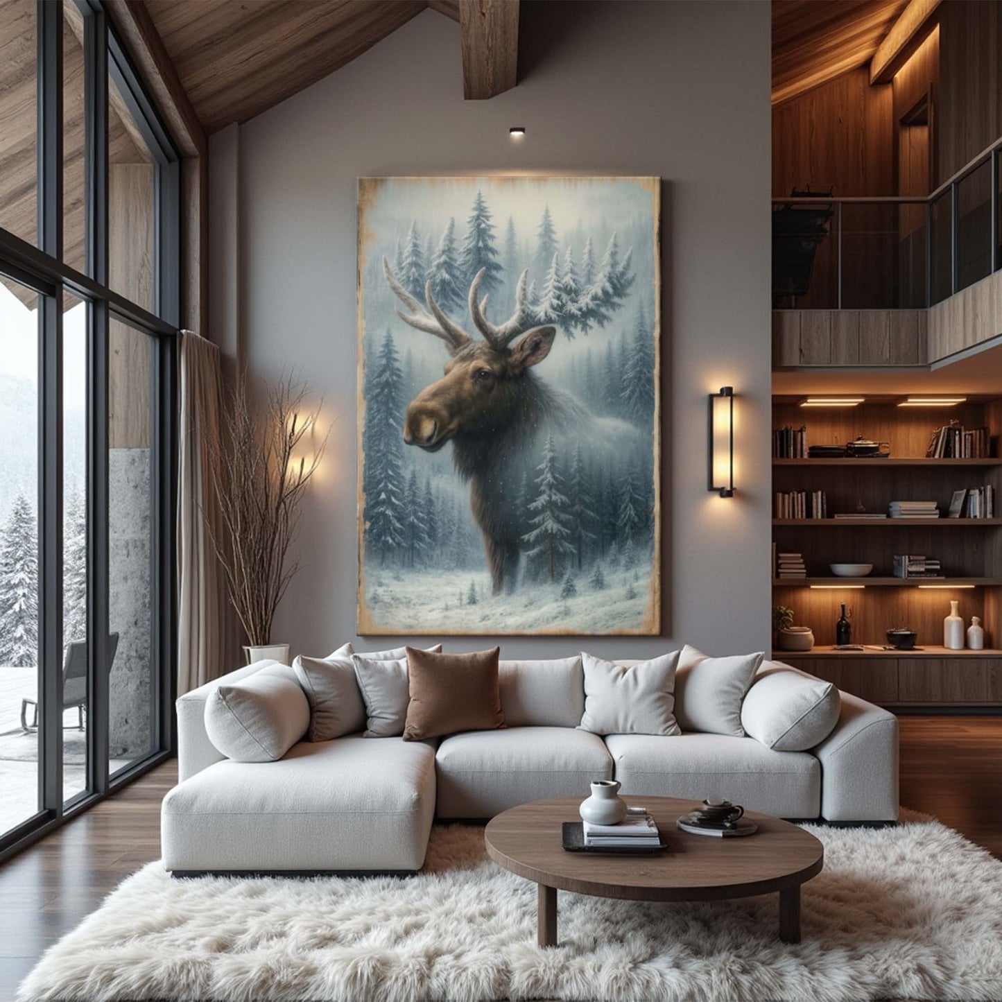 Winter Moose in the Pines – Rustic Woodland Snowfall Wall Art