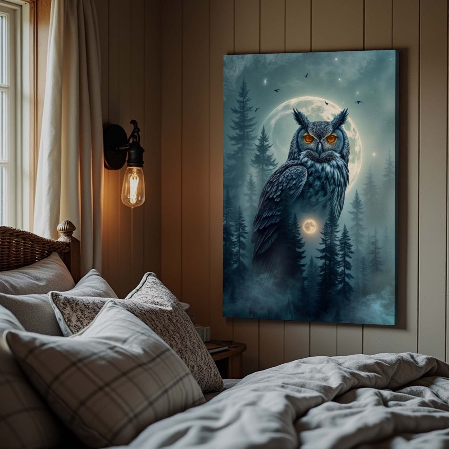 Moonlit Forest Sentinel – Owl Double Exposure Wall Art II