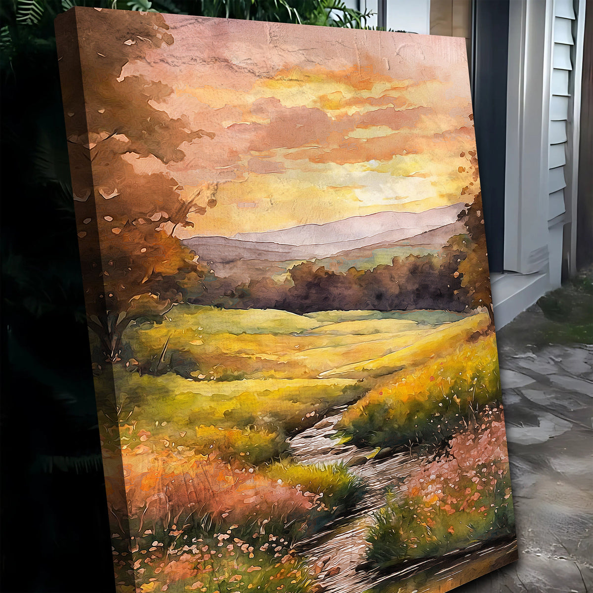 Golden Meadow Stream, River Canvas Wall Art, Nature-Inspired Landscape Decor