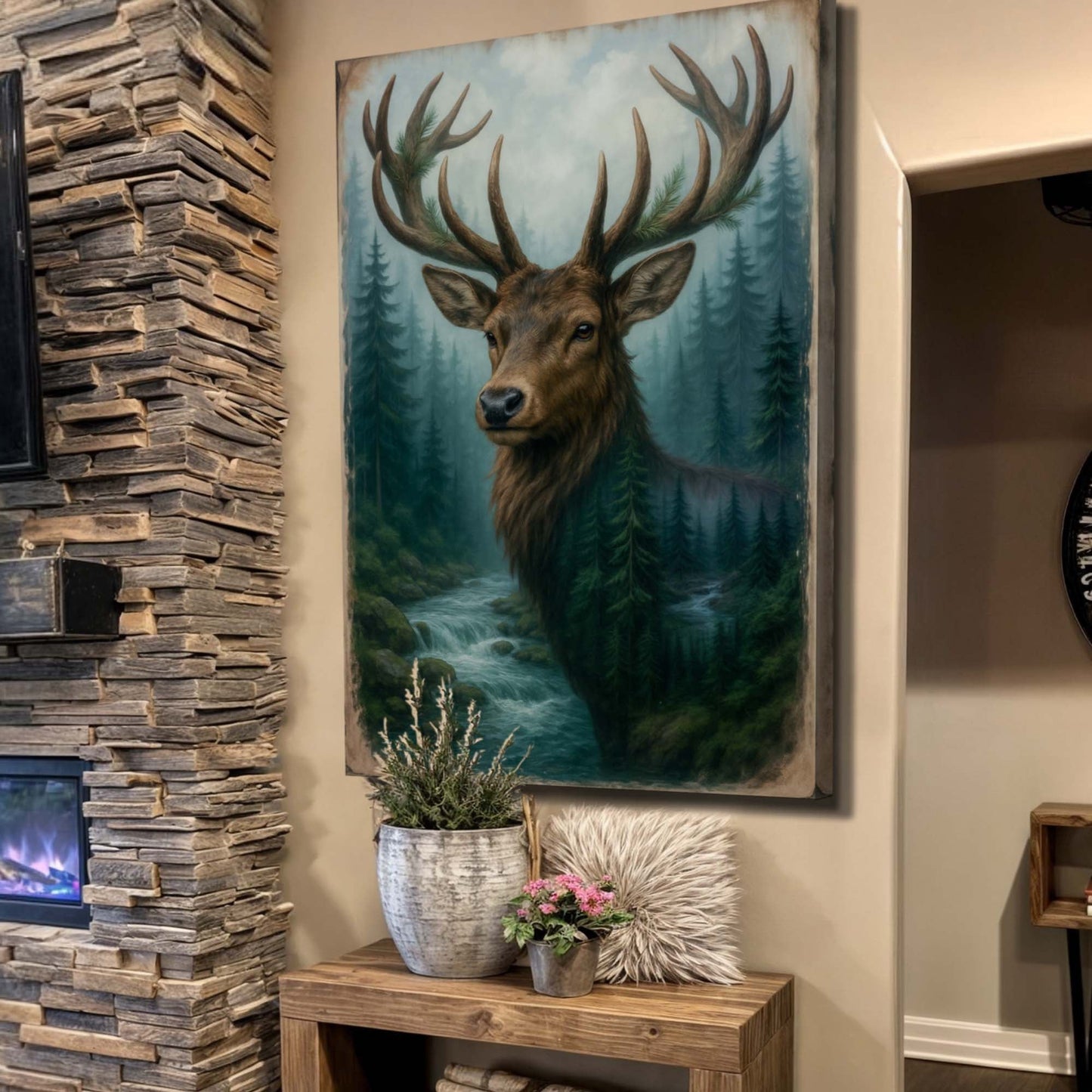 Misty Stag Reverie – Double Exposure Forest Wall Art