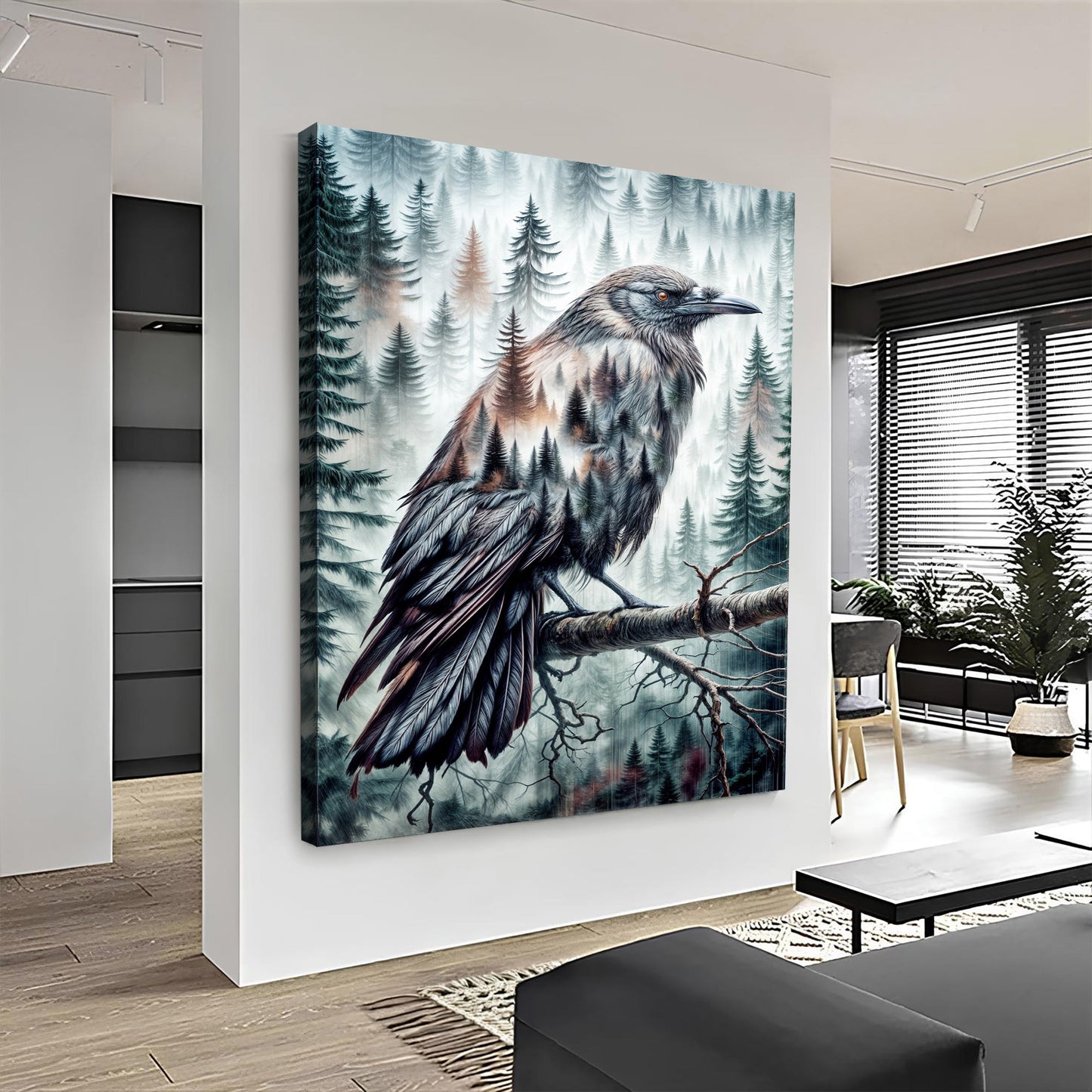Whispers of the Midnight Pines – Crow Double Exposure Wall Art