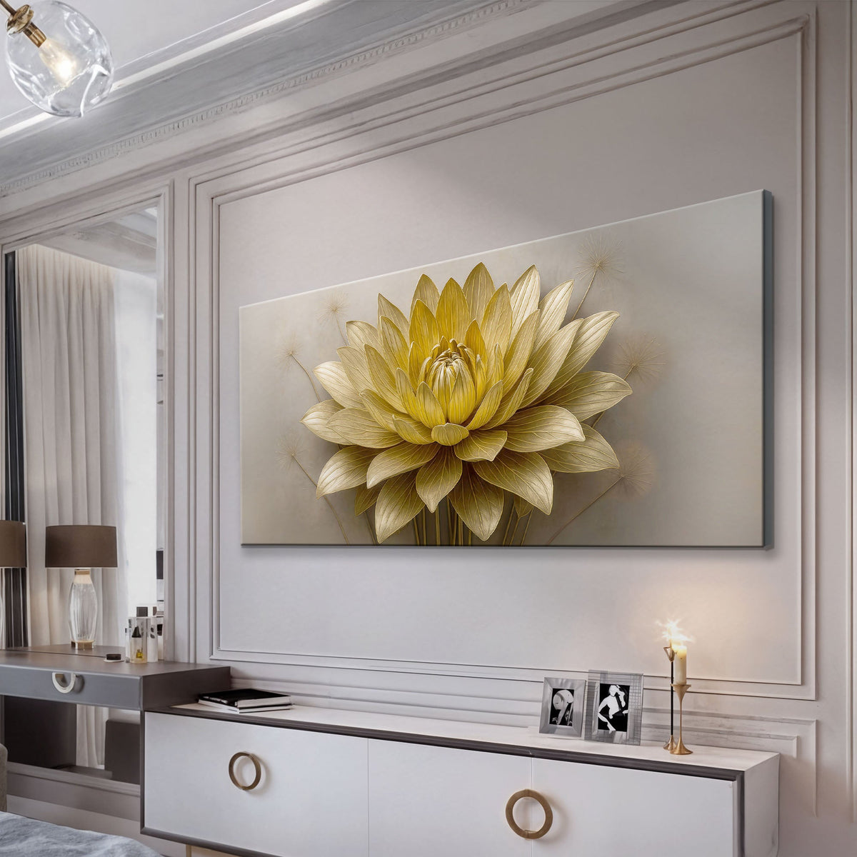 Golden Lotus Bloom, Lotus Canvas Wall Art, Elegant Modern Botanical Decor