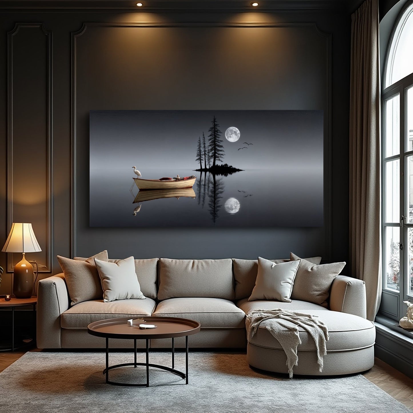 Moonlit Stillwater – Modern Minimalist Night Lake Wall Art