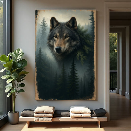 Guardian of the Mistbound Pines – Wolf Double Exposure Wall Art V