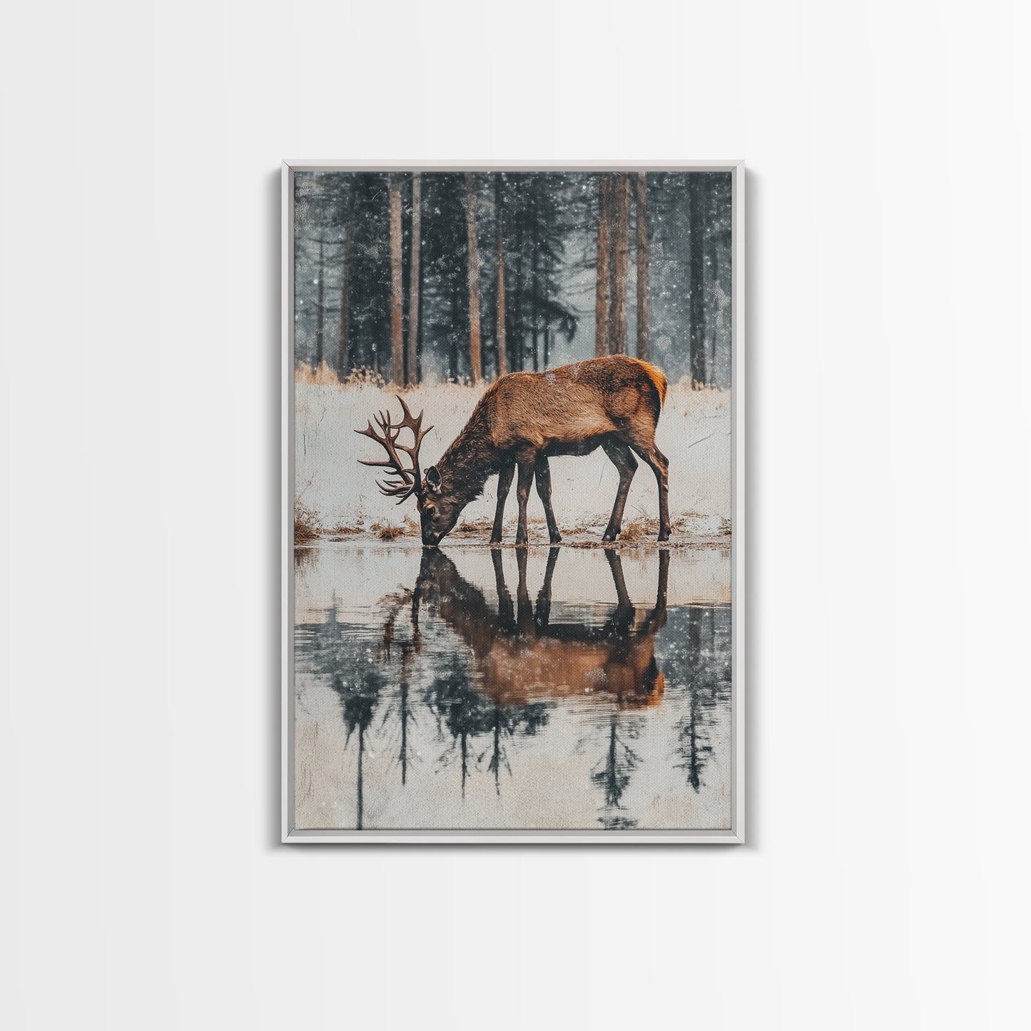 Snowfall at the Water’s Edge – Winter Woodland Deer Wall Art