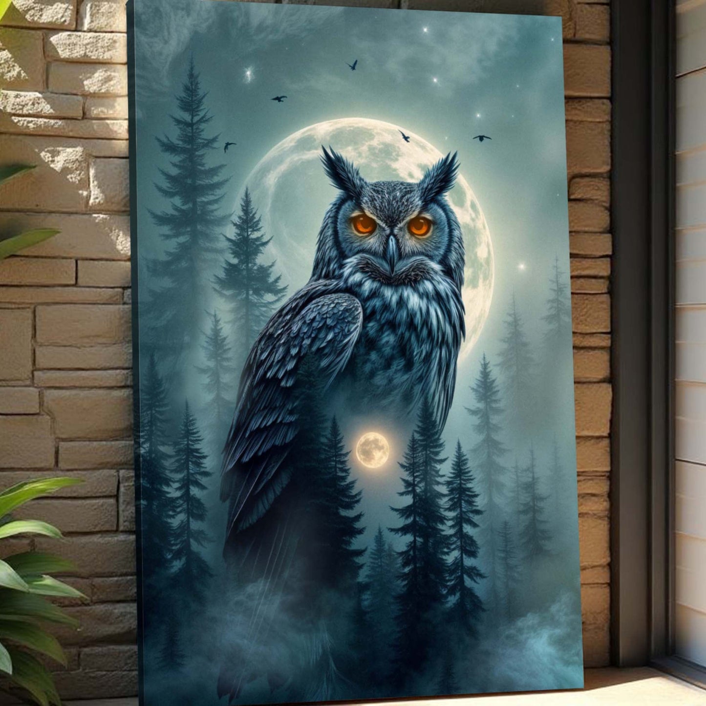Moonlit Forest Sentinel – Owl Double Exposure Wall Art II