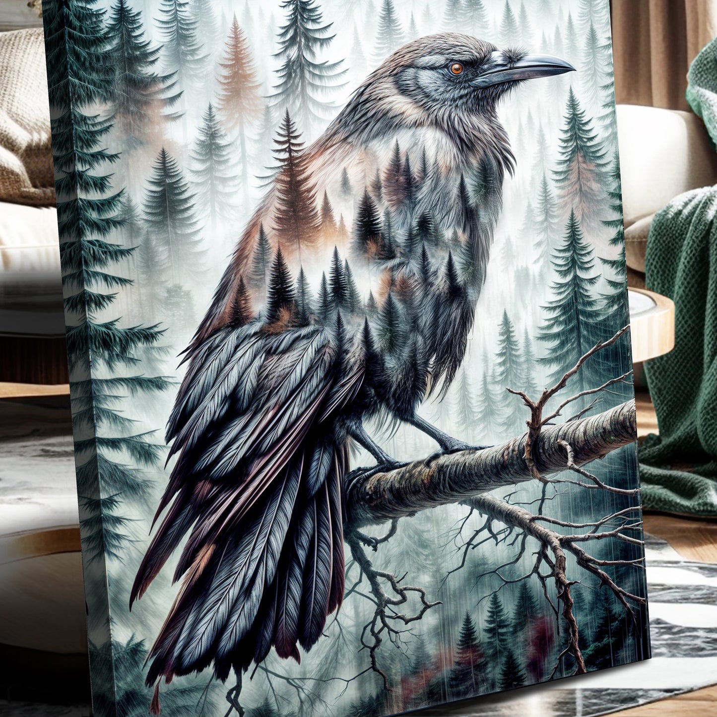 Whispers of the Midnight Pines – Crow Double Exposure Wall Art