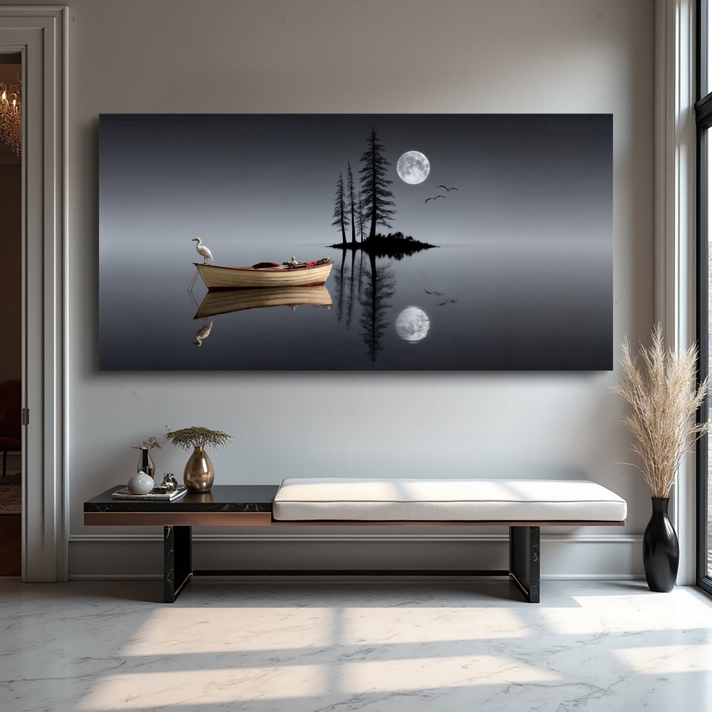 Moonlit Stillwater – Modern Minimalist Night Lake Wall Art