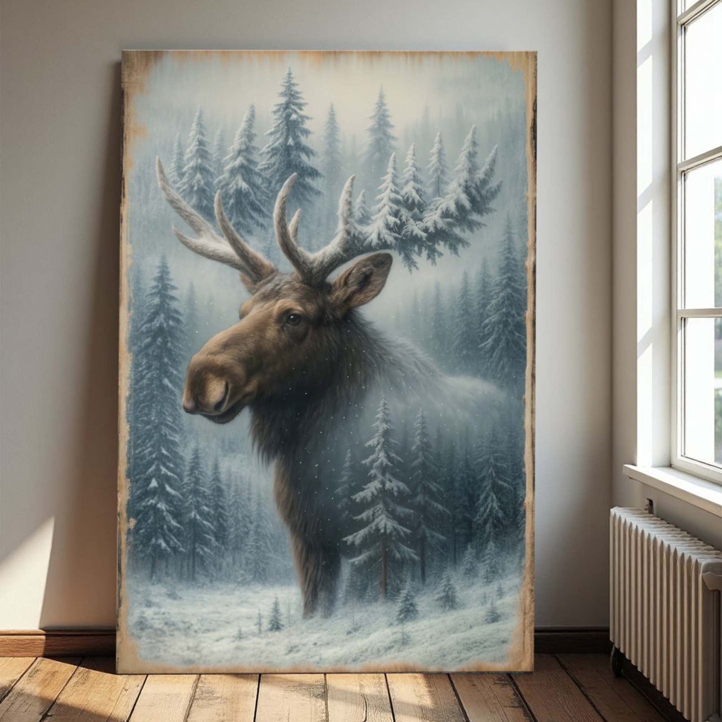 Winter Moose in the Pines – Rustic Woodland Snowfall Wall Art