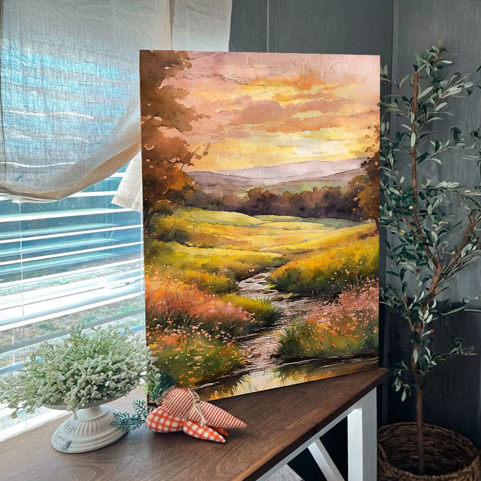 Golden Meadow Stream, River Canvas Wall Art, Nature-Inspired Landscape Decor