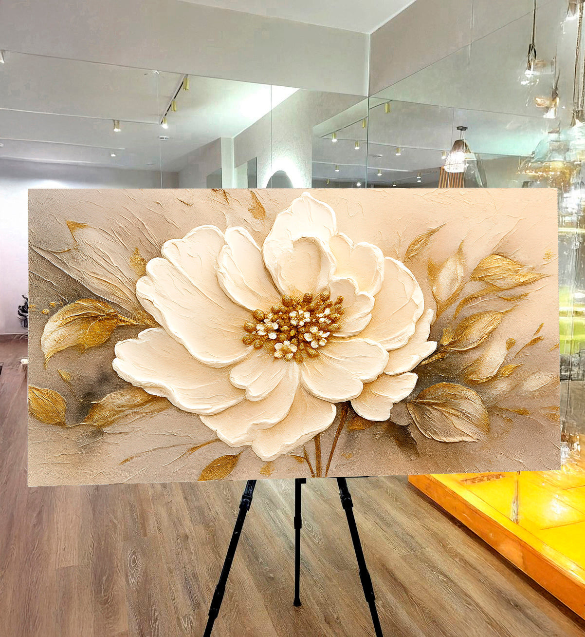 Golden Petal Harmony – Minimalist Floral Wall Art