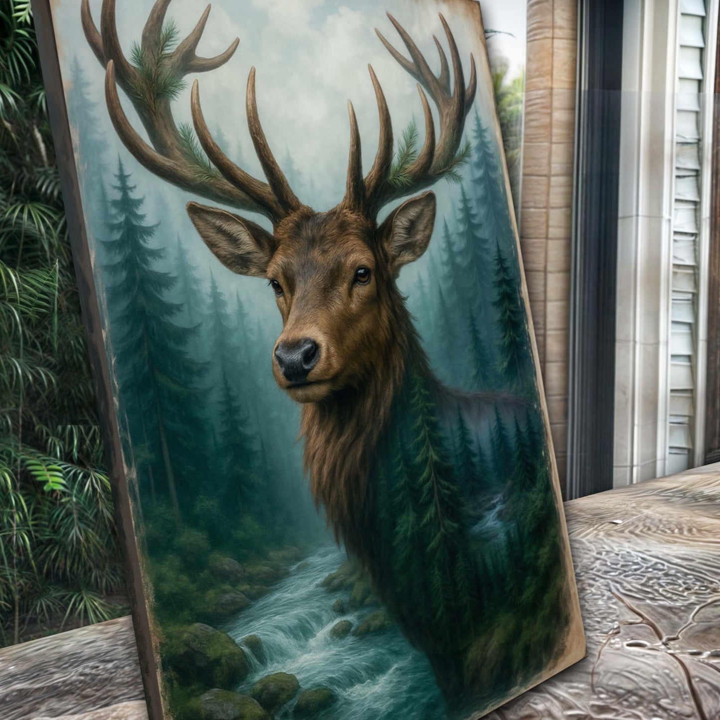Misty Stag Reverie – Double Exposure Forest Wall Art