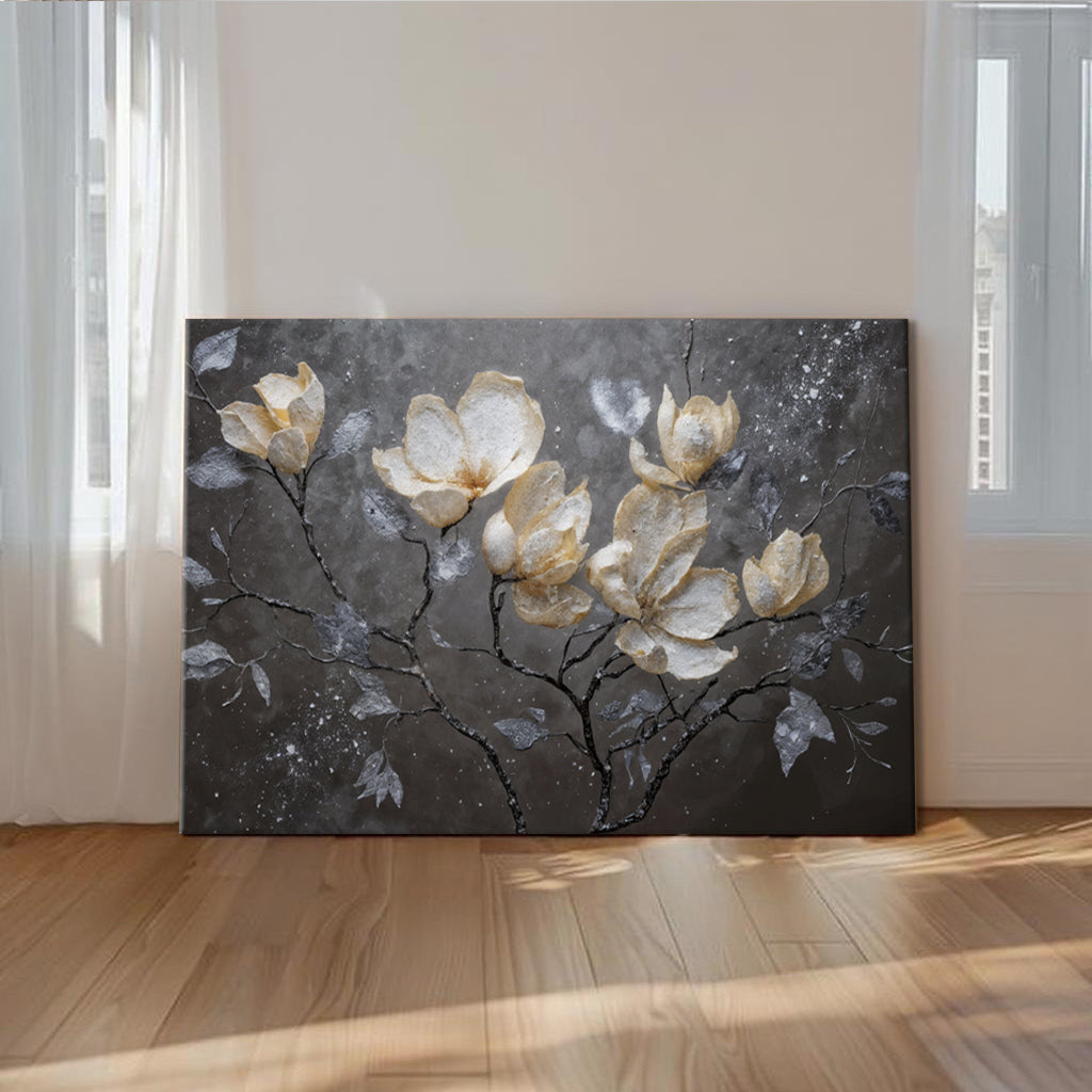 Midnight Magnolias – Textured Metallic Floral Wall Art