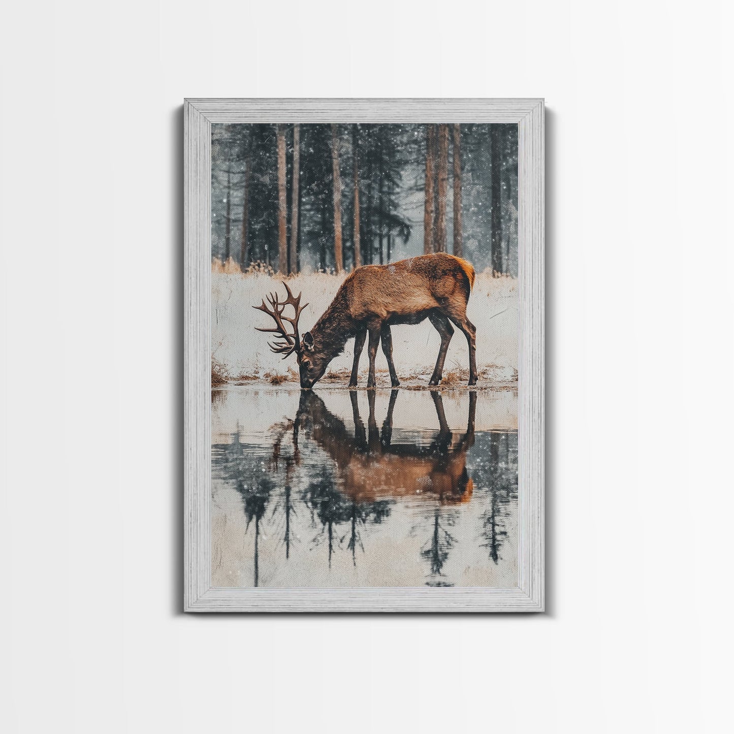 Snowfall at the Water’s Edge – Winter Woodland Deer Wall Art