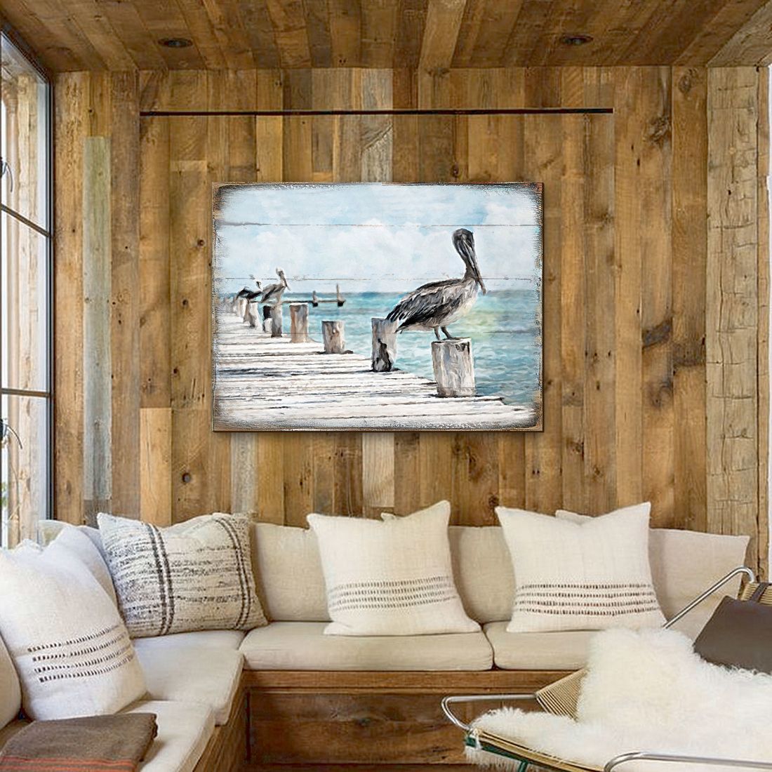 Pelicans at the Pier – Coastal Wooden Wall Art