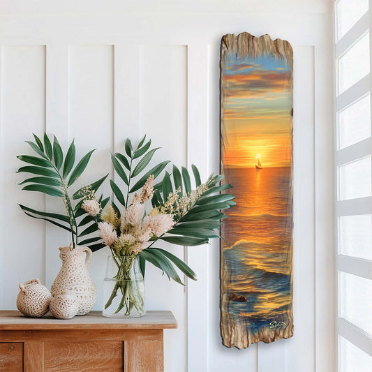 Golden Sunset Seascape – Handcrafted Wooden Coastal Wall Art