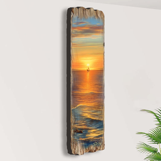 Golden Sunset Seascape – Handcrafted Wooden Coastal Wall Art