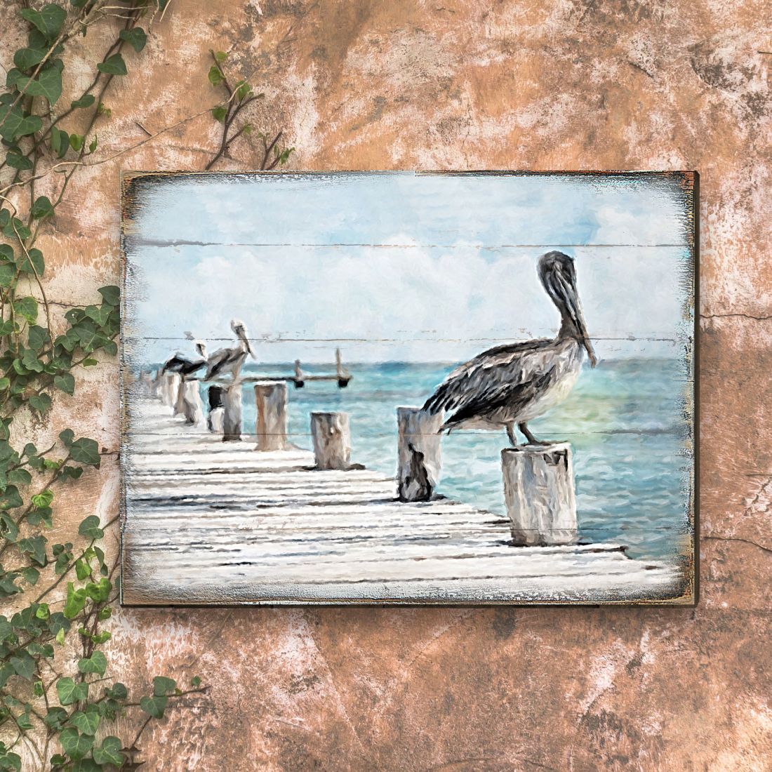 Pelicans at the Pier – Coastal Wooden Wall Art