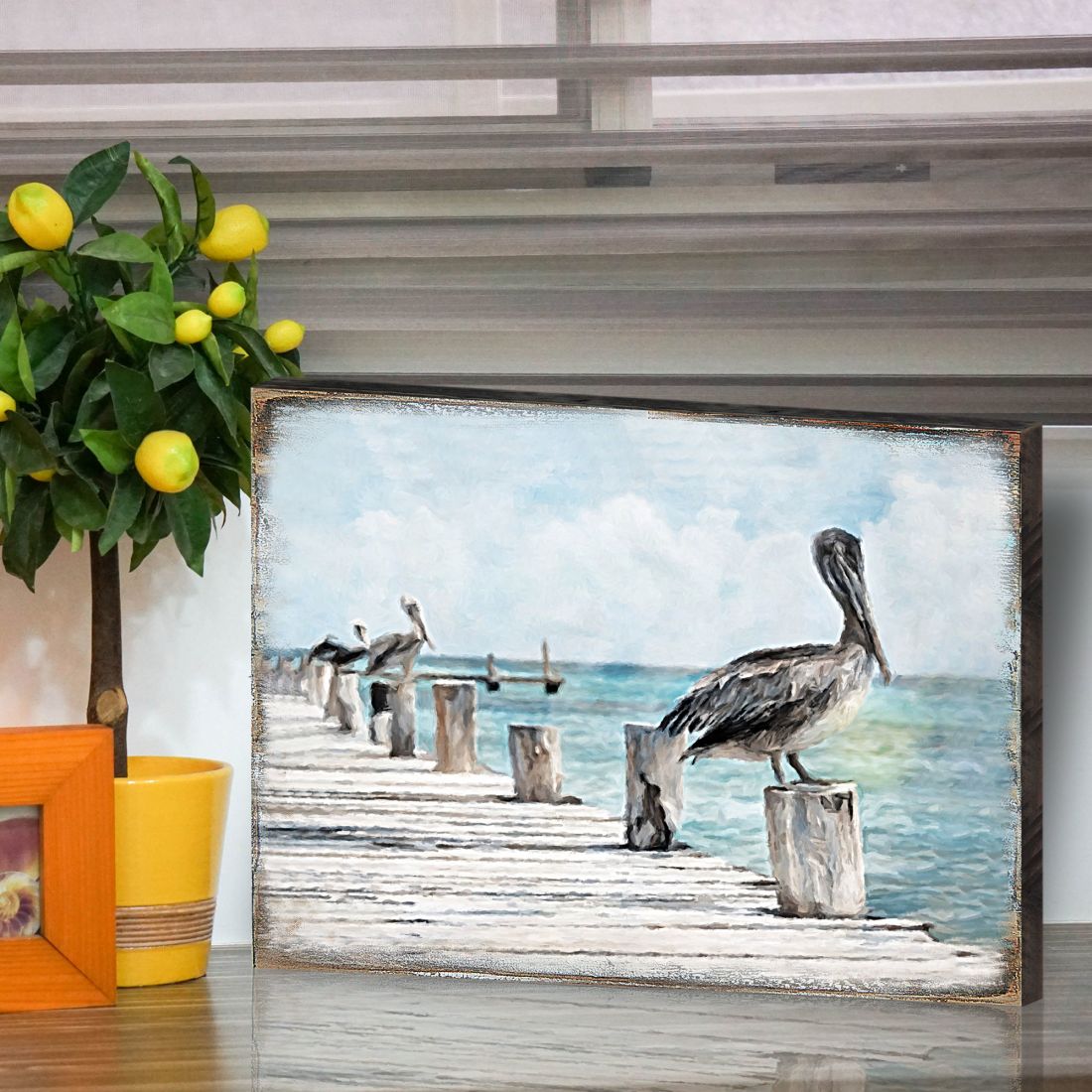 Pelicans at the Pier – Coastal Wooden Wall Art