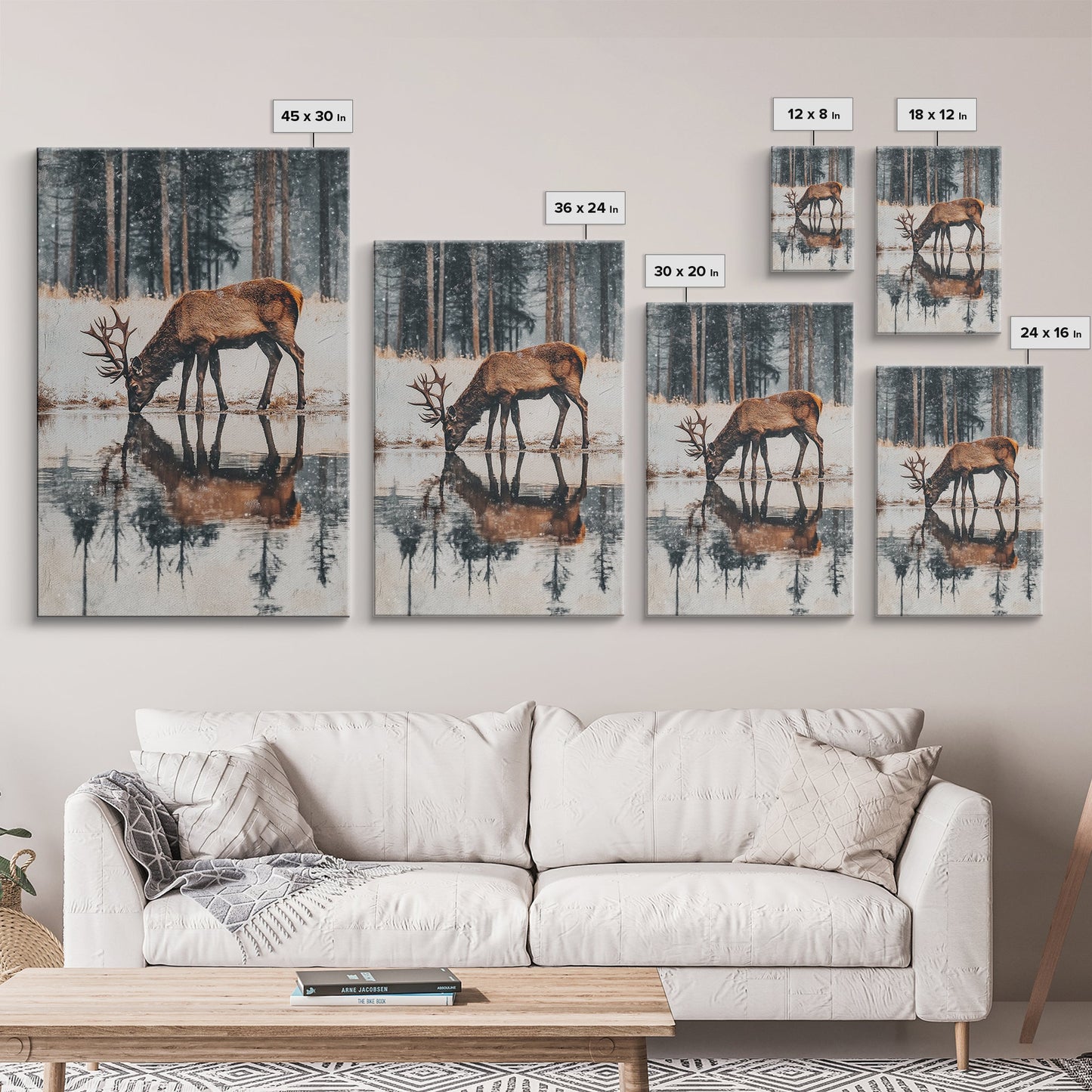 Snowfall at the Water’s Edge – Winter Woodland Deer Wall Art