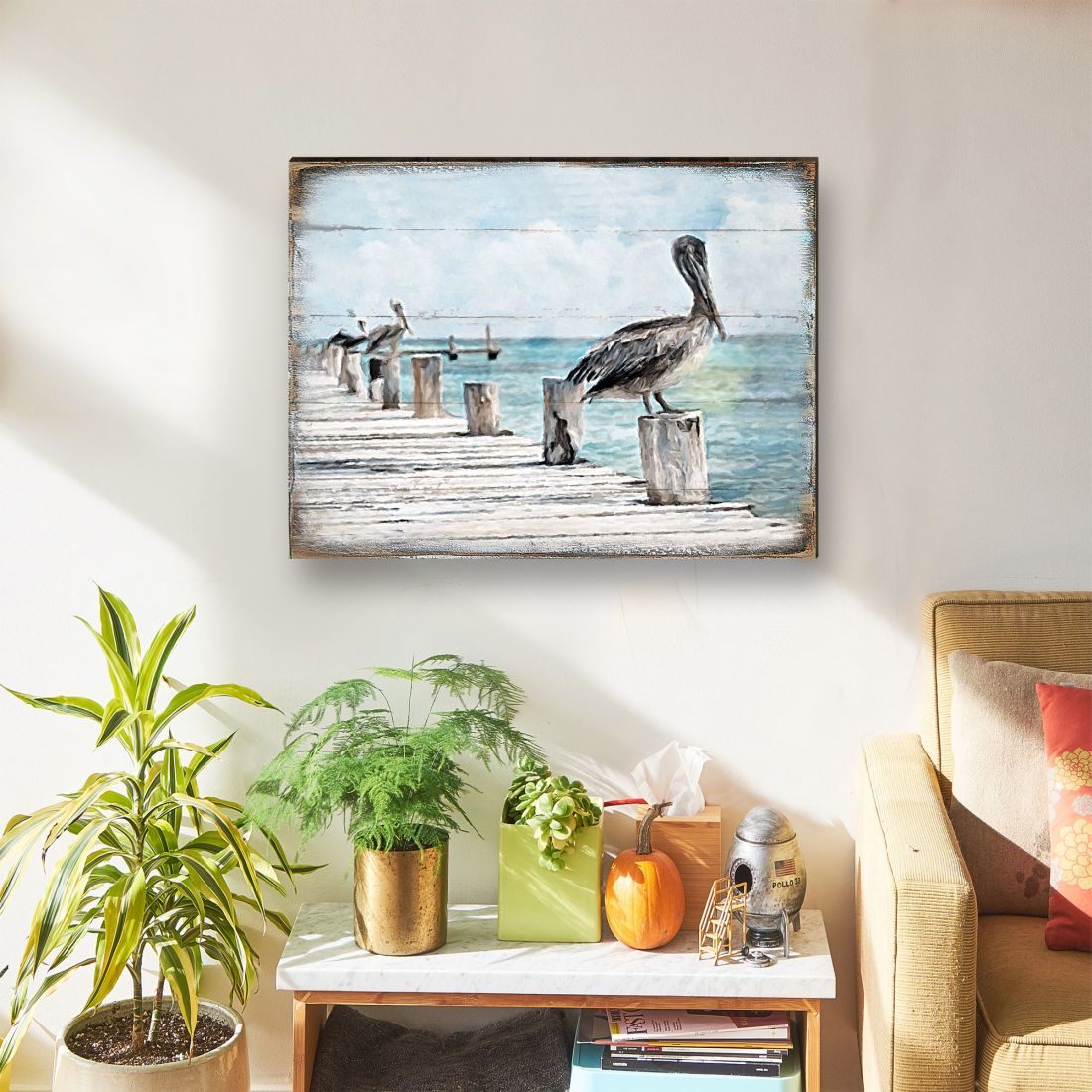 Pelicans at the Pier – Coastal Wooden Wall Art