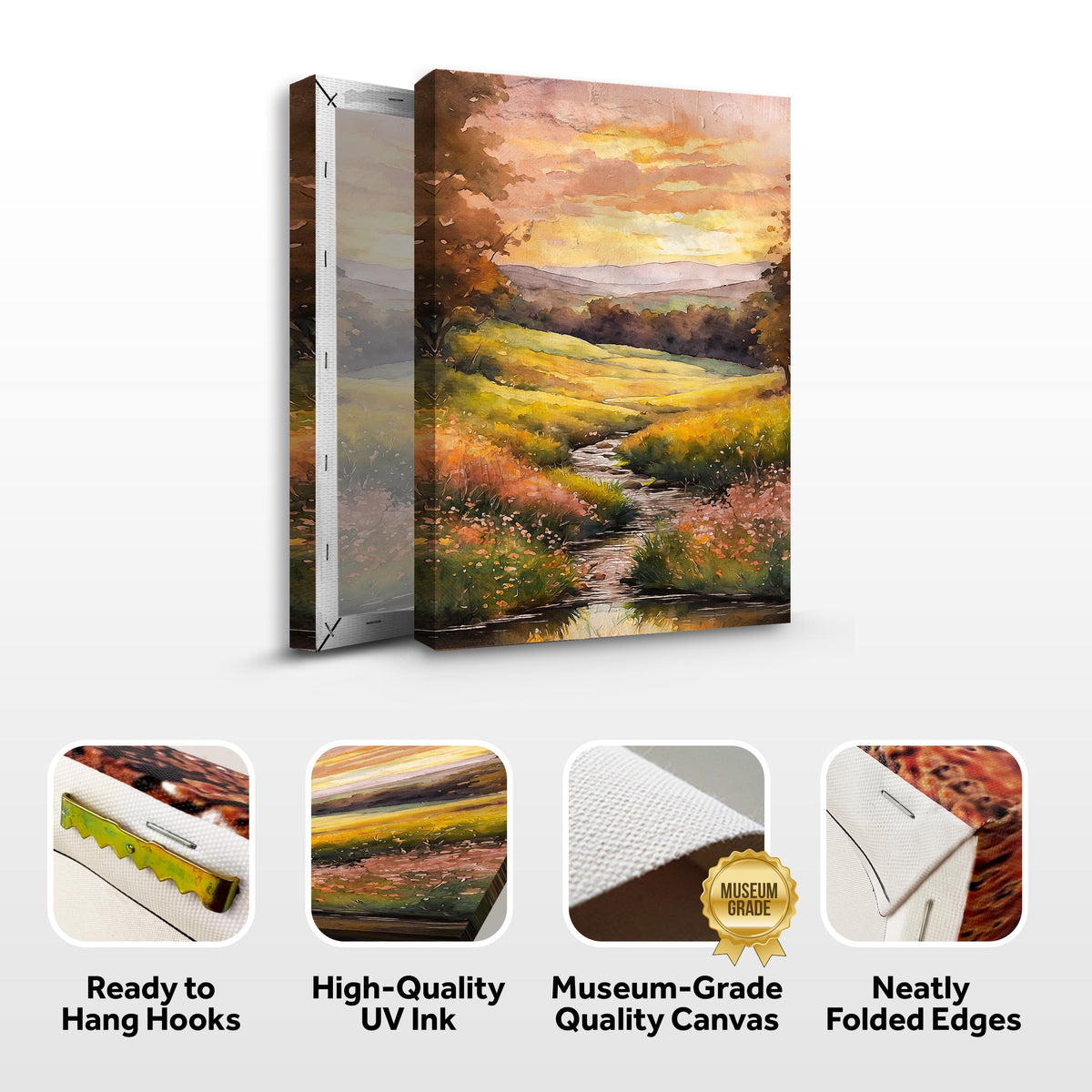 Golden Meadow Stream, River Canvas Wall Art, Nature-Inspired Landscape Decor